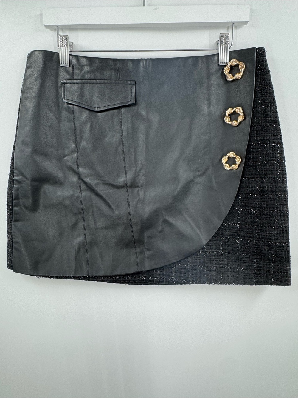 Commense Black Faux Leather and Tweed Mini Skirt with Gold Buttons